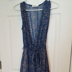 Blue floral dress, asymmetrical hem, sheer, M